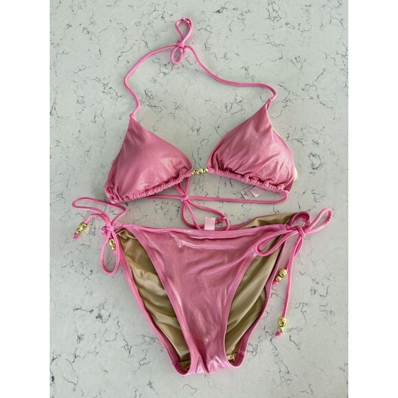 Victoria Secret Vintage Y2K Pink Shimmer 2 Piece Bikini With Silver Beading - Picture 1 of 14